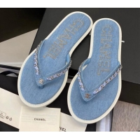 Most Popular Chanel Denim Flat Thong Slide Sandals Light Blue 525090