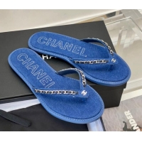 Durable Chanel Denim Flat Thong Slide Sandals Dark Blue 525091