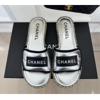 Luxurious Chanel Lambskin Flat Slide Sandals with Velcro Band Silver 525093