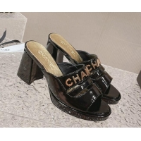 Low Cost Chanel Patent Calfskin Heel Slide Sandals 7.5cm with CHANEL Charm Black 527001