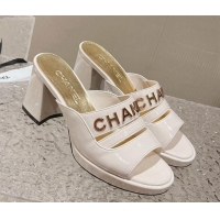 Top Grade Chanel Patent Calfskin Heel Slide Sandals 7.5cm with CHANEL Charm White 527002