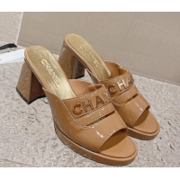 Good Looking Chanel Patent Calfskin Heel Slide Sandals 7.5cm with CHANEL Charm Brown 527004