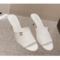 Purchase Chanel Patent Calfskin Slide Sandals 5.5cm with Pearls Heel White 527006