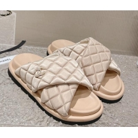 Good Quality Chanel Quilted Nylon Slide Sandals with Cross Strap Beige 527011