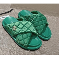 Best Grade Chanel Quilted Nylon Slide Sandals with Cross Strap Green 527012