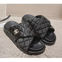 Pretty Style Chanel Quilted Nylon Slide Sandals with Cross Strap Black 527013