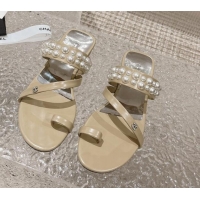 Best Product Chanel Calfskin Pearl Flat Slide Sandals Beige 527022