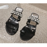 Purchase Chanel Calfskin Pearl Flat Slide Sandals Black 527024