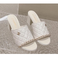 Low Price Chanel Quilted Lambskin Heel Slide Sandals 7cm White 527028