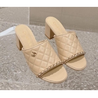 Best Grade Chanel Quilted Lambskin Heel Slide Sandals 7cm Beige 527030