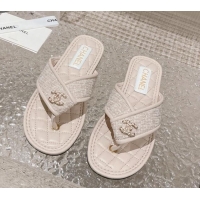 Pretty Style Chanel Tweed Flat Thong Slide Sandals Nude 527031