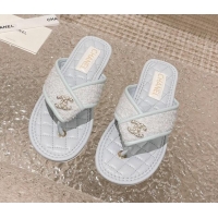 Classic Hot Chanel Tweed Flat Thong Slide Sandals Light Blue 527033