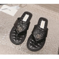 Popular Style Chanel Calfskin Flat Thong Slide Sandals Black 527036