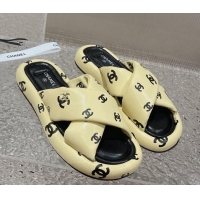 Top Design Chanel CC Printed Calfskin Slide Sandals with Cross Strap Yellow 527041