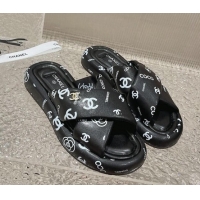 Sophisticated Chanel Logo Printed Calfskin Slide Sandals with Cross Strap Black 527044