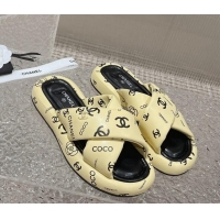 Best Price Chanel Logo Printed Calfskin Slide Sandals with Cross Strap Yellow 527045