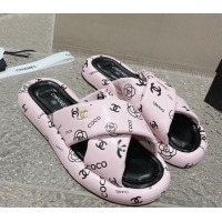 Good Quality Chanel Logo Printed Calfskin Slide Sandals with Cross Strap Pink 527046