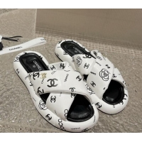 Low Cost Chanel Logo Printed Calfskin Slide Sandals with Cross Strap White 527047