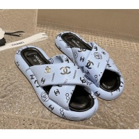 Purchase Chanel Logo Printed Calfskin Slide Sandals with Cross Strap Blue 527048