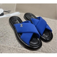 Good Product Chanel Fabric Slide Sandals with Cross Strap Blue 527049