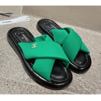 Unique Style Chanel Fabric Slide Sandals with Cross Strap Green 527050 