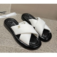 Classic Hot Chanel Fabric Slide Sandals with Cross Strap White 527051