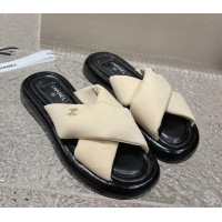 Good Quality Chanel Fabric Slide Sandals with Cross Strap Beige 527053