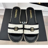 Popular Style Chanel Tweed Flat Slide Sandals with CC Leather Band Black 527061