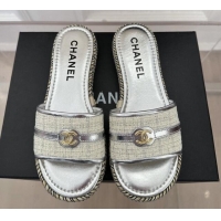 Top Design Chanel Tweed Flat Slide Sandals with CC Leather Band Silver 527062