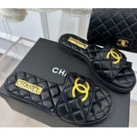 Luxurious Chanel Quilted Lambskin Flat Sandals with Metal CC Black 619073