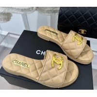 Grade Quality Chanel Quilted Lambskin Flat Sandals with Metal CC Beige 619074