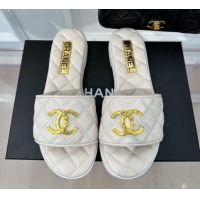 Best Grade Chanel Quilted Lambskin Flat Sandals with Metal CC White 619075