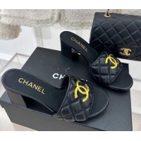 Charming Chanel Quilted Lambskin Heel Sandals 7cm with Metal CC Black 619076