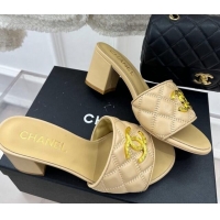 Shop Cheap Chanel Quilted Lambskin Heel Sandals 7cm with Metal CC Beige 619077