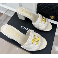 Luxury Chanel Quilted Lambskin Heel Sandals 7cm with Metal CC White 619078