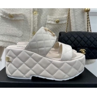 Good Quality Chanel Quilted Lambskin Platform Sandals 7.5cm with Chain CC White 619082