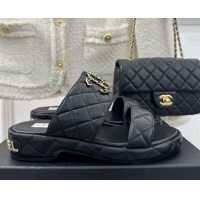 Best Grade Chanel Quilted Lambskin Heel Sandals 3cm with Chain CC Black 619080