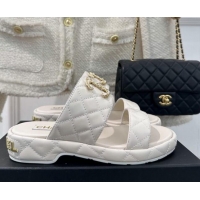 Unique Style Chanel Quilted Lambskin Heel Sandals 3cm with Chain CC White 619084