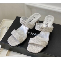 Luxurious Chanel Linen Heel Slide Sandals Light Grey 619085