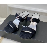 Best Product Chanel Linen Heel Slide Sandals Black 619087