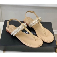 Best Grade Chanel Leather Flat Thong Sandals with Pearls Beige 619089