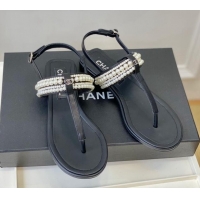 Stylish Chanel Leather Flat Thong Sandals with Pearls Black 619090