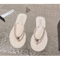 Unique Style Chanel Fabric Flat Thong Slide Sandals with Chain White 619093