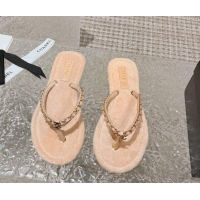 Top Grade Chanel Fabric Flat Thong Slide Sandals with Chain Beige 619094