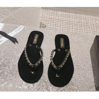 Good Quality Chanel Fabric Flat Thong Slide Sandals with Chain Black 619095