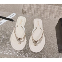 Good Looking Chanel Leather Flat Thong Slide Sandals with Chain White 619097