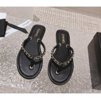 Best Product Chanel Leather Flat Thong Slide Sandals with Chain Black 619098