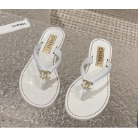 Discount Chanel Leather Flat Thong Slide Sandals with Metal CC White 619099