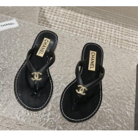 Best Grade Chanel Leather Flat Thong Slide Sandals with Metal CC Black 619100