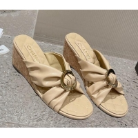 Classic Hot Chanel Lambskin Wedge Slide Sandals with Buckle 7cm Beige 619102